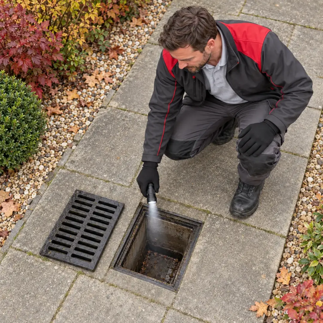 Drainage engineer inspecting an outside drain
