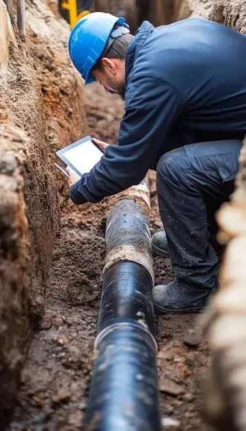 Drainage engineer inspecting underground pipework