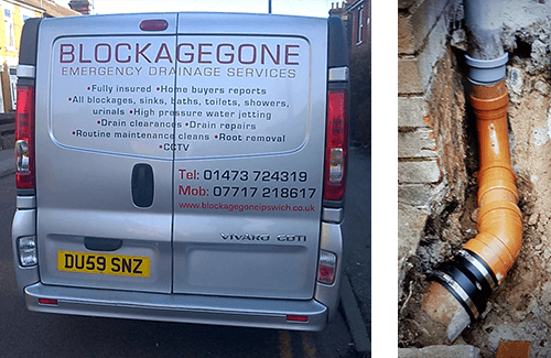 rear view of company van and new drainpipe installation